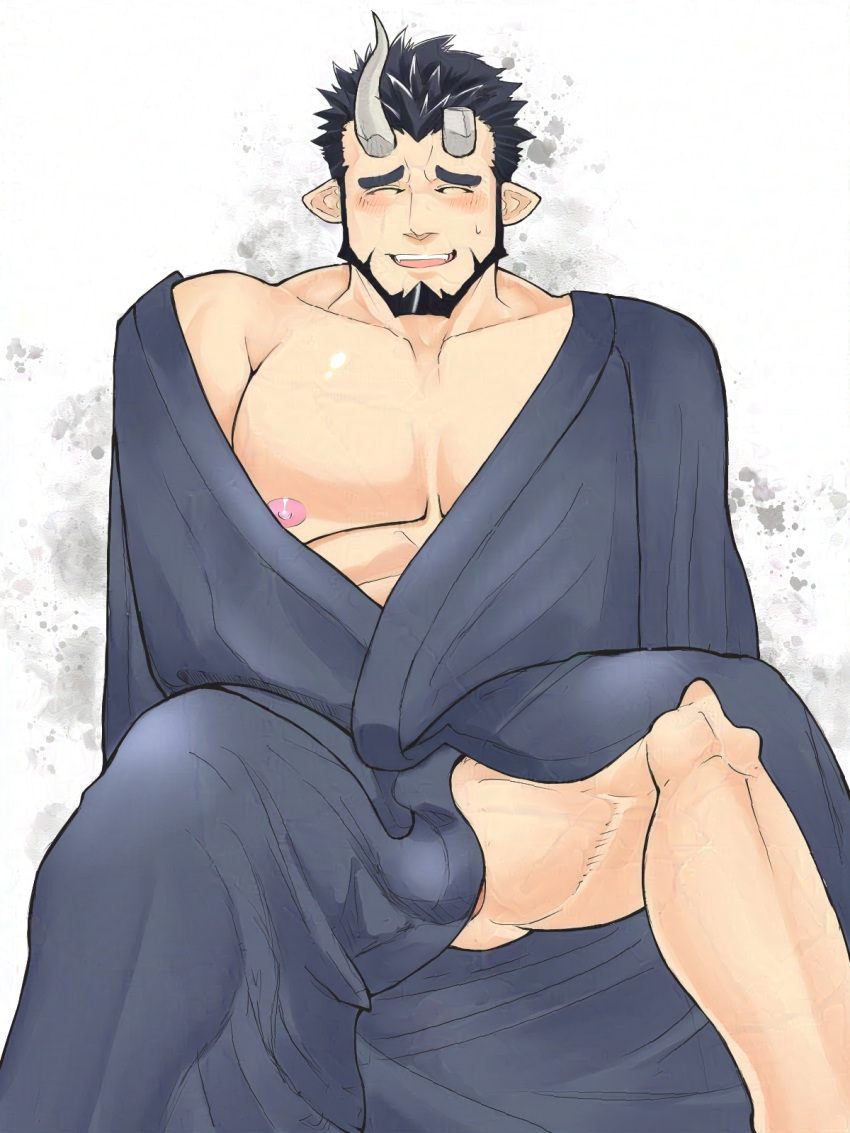 1boy ^_^ bara beard black_hair blush broken_horn bulge closed_eyes demon_boy demon_horns facial_hair feet_out_of_frame highres horns japanese_clothes kimono large_pectorals live_a_hero male_focus mature_male muscular muscular_male nervous_sweating nessen_(live_a_hero) nipples no_male_underwear off_shoulder open_clothes open_kimono pectorals short_hair sitting smile solo spread_legs sweat testicle_peek thick_eyebrows ushio_takigawa