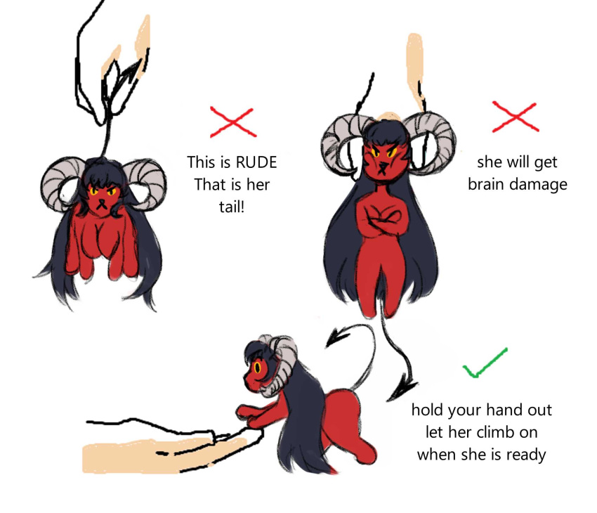 angry anthro black_hair chibi cute_expression demon eyes felid female fur hair hi_res horn humanoid humor leopard lili_(umbraunderscore) long_hair mammal meme pantherine pouting red_body red_fur size_difference small_(disambiguation) smaller_female solo umbraunderscore yellow