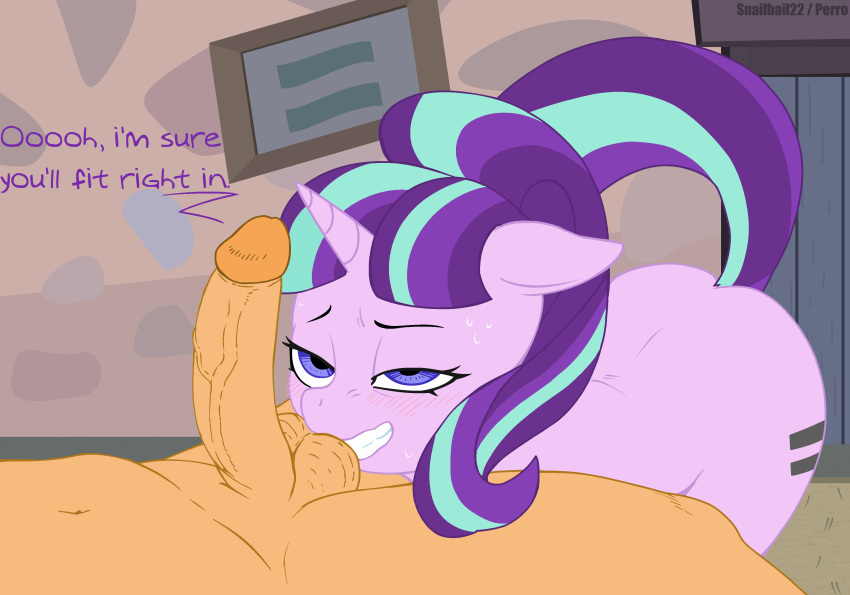 absurd_res aroused balls big_penis bodily_fluids clenched_teeth duo equal_sign equid equine erection female friendship_is_magic genitals hasbro hi_res horse human male male/female mammal my_little_pony penis pony snailbail22 starlight_glimmer_(mlp) sweat sweatdrop tail teasing teeth