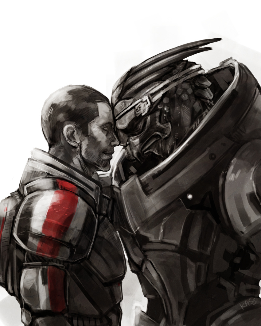 4:5 alien armor commander_shepard duo garrus_vakarian heads_together hi_res human intimate kassa-fabrication male male/male mammal mass_effect turian