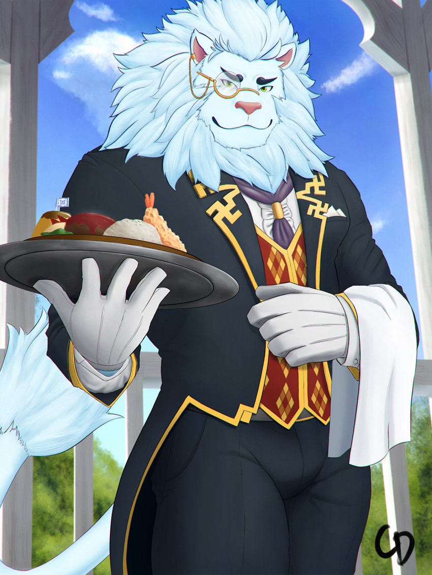 1boy animal_ears artist_logo bara black_coat black_pants blue_sky bulge burger bush butler cancerdoge cloud coat english_commentary food furry furry_male gloves green_eyes highres holding holding_food holding_towel holding_tray lion_boy lion_ears lion_mane lion_tail looking_at_viewer male_focus monocle monocle_chain paid_reward_available pants pudding red_vest rice shirt shrimp shrimp_tempura sky snow_(housamo) tail tempura tokyo_afterschool_summoners towel tray vest white_fur white_gloves white_shirt