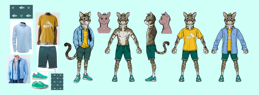 2023 absurd_res anthro biped black_eyes blonde_hair blue_background blue_clothing blue_footwear blue_jacket blue_shoes blue_topwear bottomwear brown_body brown_fur claws clock clothed clothing concept_art domestic_cat felid feline felis filip_mialczynski finger_claws footwear front_view fur green_bottomwear green_clothing green_shorts grey_body grey_fur hair hand_in_pocket hi_res jacket male mammal markings michal_dziekan model_sheet navel necktie official_art pawpads pink_pawpads pockets pracuj_pl prick_ears profile_view puma_(company) reference_image shirt shoes shorts side_view simple_background smile solo striped_markings stripes tail topless topwear watch yellow_clothing yellow_sclera yellow_shirt yellow_topwear