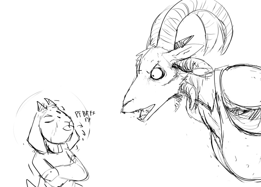 2023 angry anthro blowing_raspberries bovid caprine child demon duo female goat hi_res hladilnik lucy_(hladilnik) male mammal onomatopoeia shocked sketch sound_effects text tommy_(hladilnik) tongue tongue_out young