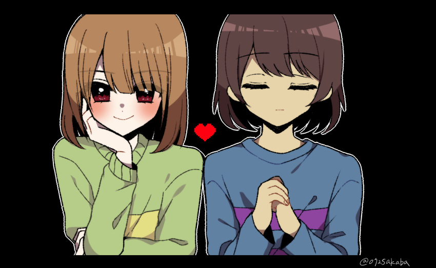 0725akaba 2others black_background blue_shirt blush brown_hair chara_(undertale) closed_eyes closed_mouth facing_viewer frisk_(undertale) green_shirt hair_between_eyes hand_up heart highres letterboxed long_sleeves looking_at_viewer multiple_others own_hands_together pixelated red_eyes shirt simple_background sleeves_past_wrists smile twitter_username undertale