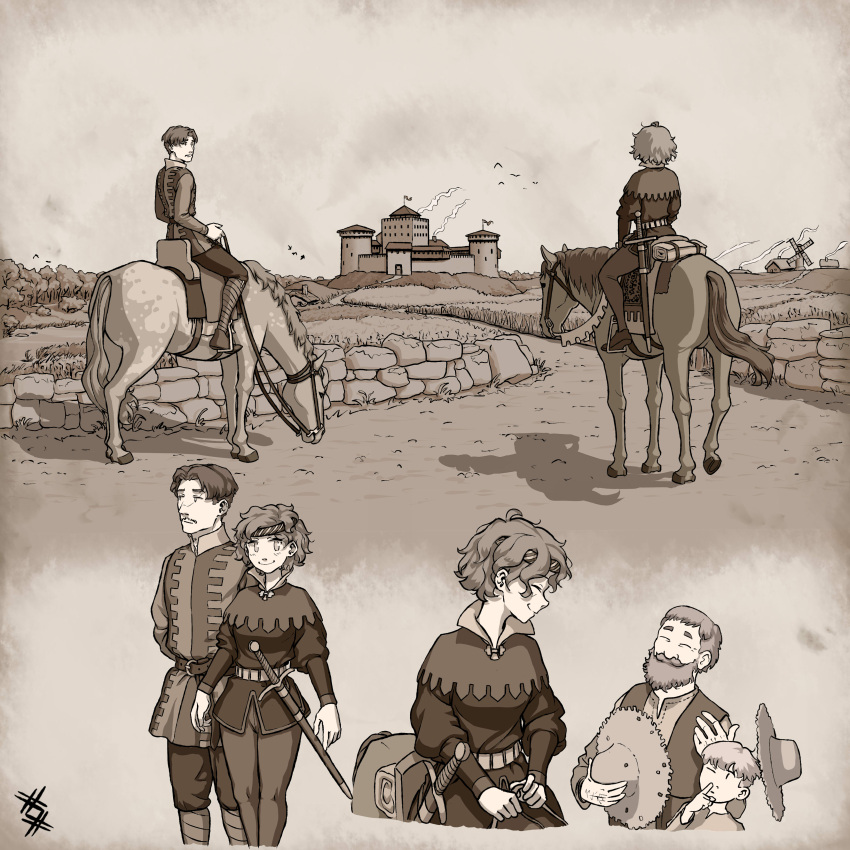 1girl 3boys absurdres belt bird castle closed_eyes dirt_road field hat headband highres holding holding_reins horseback_riding knight medieval monochrome multiple_boys nose_picking original ostwindprojekt reins riding road saddle shadow sheath sheathed smile sword tunic weapon