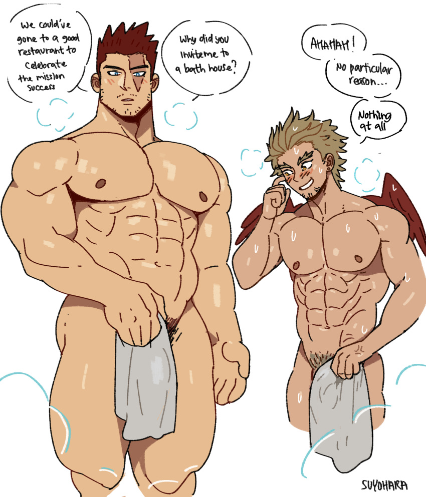 2boys abs bara blush boku_no_hero_academia breath bulge covering cropped_legs endeavor_(boku_no_hero_academia) forked_eyebrows hawks_(boku_no_hero_academia) highres large_pectorals long_sideburns male_focus male_pubic_hair mature_male multiple_boys muscular muscular_male nipples nude_cover pectorals pubic_hair scar scar_across_eye scar_on_face short_hair sideburns spiked_hair standing stomach suyohara thick_thighs thighs yaoi