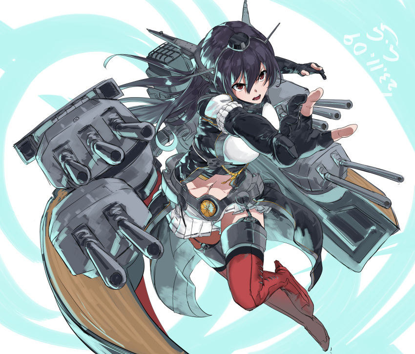 1girl black_capelet black_hair black_skirt breasts capelet cleavage collar commentary_request dated flipped_hair gegeron gloves headgear highres kantai_collection large_breasts long_hair metal_belt metal_collar midriff nagato_(kancolle) nagato_kai_ni_(kancolle) navel outstretched_arm radio_antenna red_eyes red_thighhighs rigging rudder_footwear signature simple_background skirt solo striped striped_skirt thighhighs turret twisted_torso white_gloves