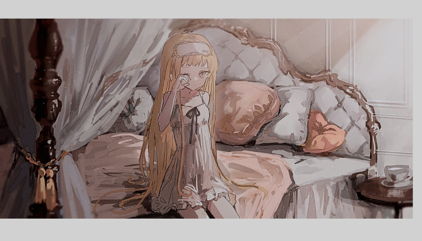 1girl arm_at_side bed bed_frame bed_sheet bedroom black_ribbon blonde_hair border canopy_bed collarbone commentary_request cowboy_shot eyewear_on_head hand_up heart heart_pillow indoors kumagai_yuka long_hair looking_at_viewer nightgown nightstand on_bed orange_eyes original pillow ribbon rubbing_eyes shirt short_bangs sidelocks sleep_mask sleeveless sleeveless_shirt solo straight_hair white_border white_nightgown