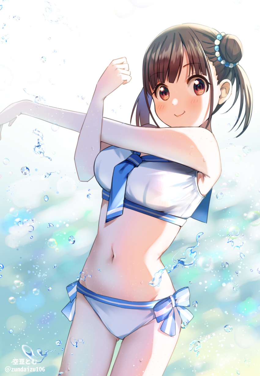 1girl artist_name bare_shoulders bikini blue_neckerchief blue_sailor_collar blurry blurry_background blush breasts brown_hair closed_mouth cowboy_shot dot_nose hair_bun hands_up highres idolmaster idolmaster_shiny_colors large_breasts long_hair looking_at_viewer neckerchief red_eyes sailor_bikini sailor_collar sailor_swimsuit_(idolmaster) side-tie_bikini_bottom smile solo sonoda_chiyoko soramame_tomu splashing standing stretching swimsuit twintails twitter_username water white_bikini