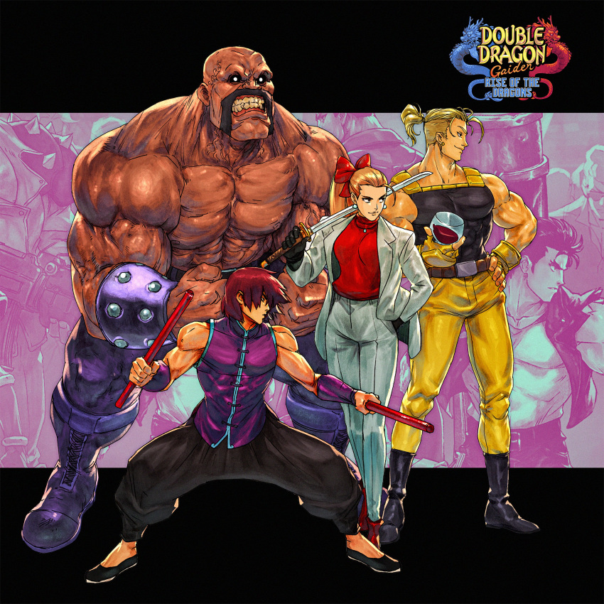 1girl 3boys abobo absurdres alcohol bald baton_(weapon) boots chinese_clothes commentary cup dark-skinned_male dark_skin david_liu double_dragon double_dragon_gaiden:_rise_of_the_dragons drinking_glass dual_wielding english_commentary fighting_stance gloves hand_in_pocket highres holding holding_cup holding_sword holding_weapon katana kung_fu multiple_boys muscular muscular_male no_socks official_art shoes sword topless_male weapon wine wine_glass