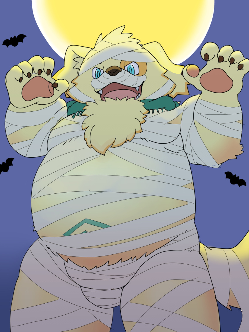 anthro belly bird_dog canid canine canis cu_sith_(tas) domestic_dog full_moon fur golden_retriever green_eyes halloween hi_res holidays hunting_dog lifewonders male mammal moon mummy_costume mummy_wrappings navel navel_tattoo neck_tuft night overweight panthera7uncia retriever solo tokyo_afterschool_summoners tuft yellow_body yellow_fur