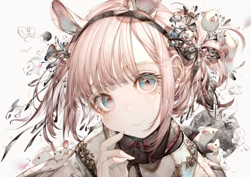 1girl absurdres animal_ears black_hairband blue_eyes bow closed_mouth hair_bow hairband highres hito_komoru looking_at_viewer mole mole_under_eye mouse original pink_hair portrait short_hair smile solo