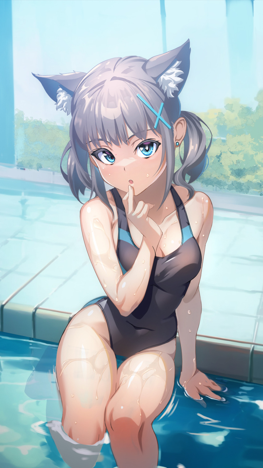 1girl animal_ear_fluff animal_ears black_one-piece_swimsuit blue_archive blue_eyes breasts competition_swimsuit covered_navel cross_hair_ornament extra_ears grey_hair hair_ornament halo highres low_ponytail medium_breasts medium_hair mismatched_pupils multicolored_clothes multicolored_swimsuit official_alternate_costume one-piece_swimsuit shiroko_(blue_archive) shiroko_(swimsuit)_(blue_archive) sitting soaking_feet solo swimsuit takase_hiro water wolf_ears