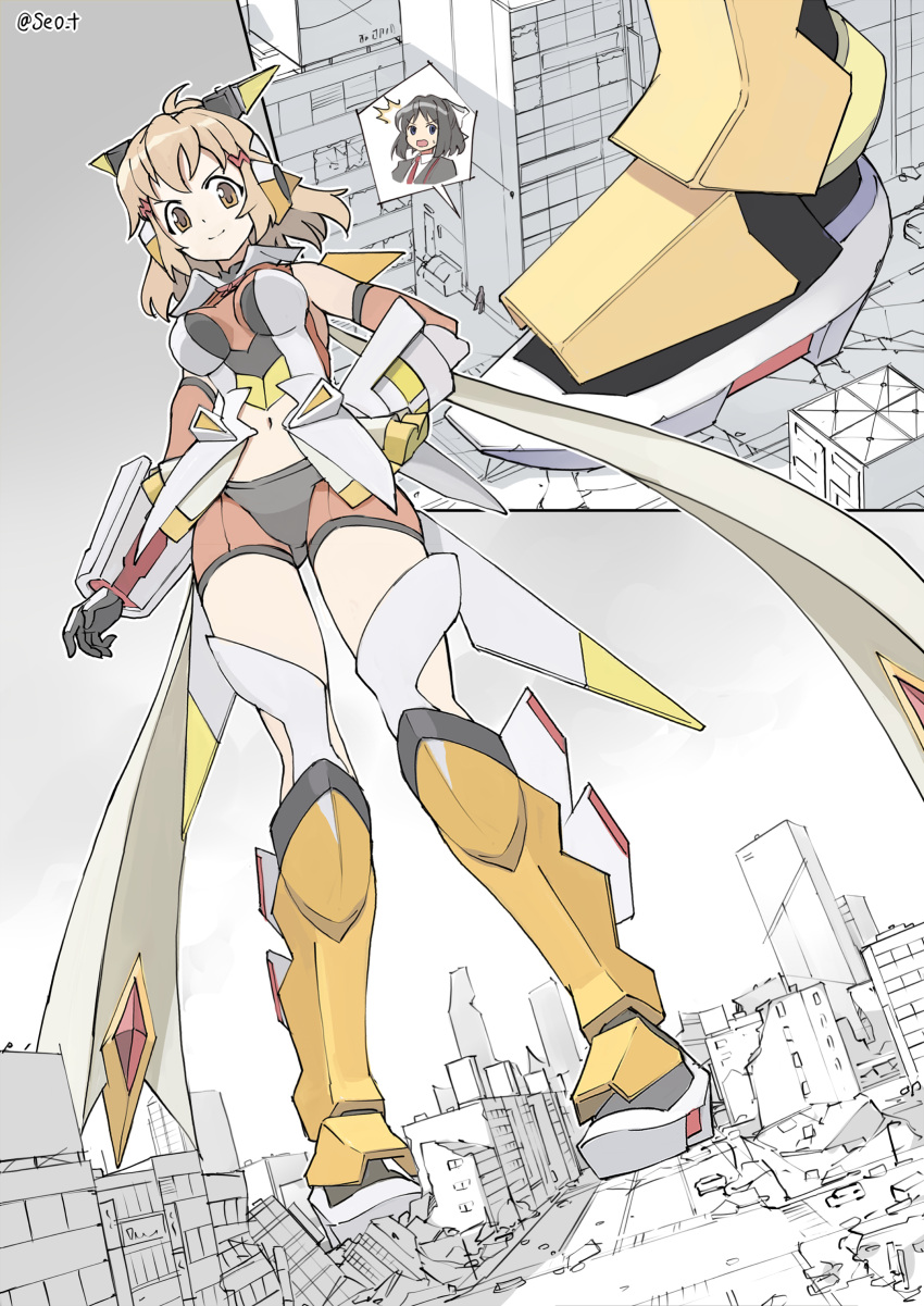 2girls absurdres black_hair bodysuit brown_hair building city closed_mouth commission destruction from_below giant giantess gloves headgear highres kohinata_miku looking_down multiple_girls navel open_mouth orange_eyes pixiv_commission senki_zesshou_symphogear seo_tatsuya short_hair smile standing tachibana_hibiki_(symphogear) twitter_username