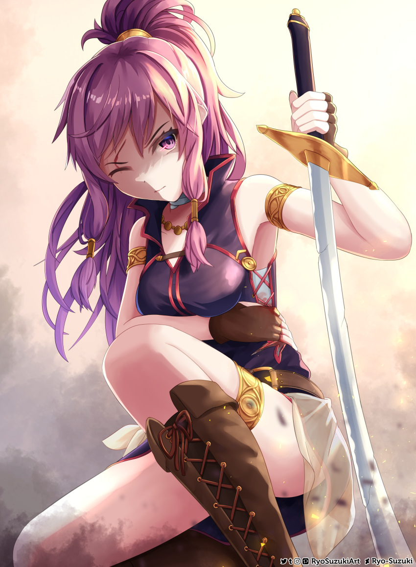 1girl absurdres armlet artist_name blood blood_on_face boots brown_footwear brown_gloves bruise cuts deviantart_username dress fingerless_gloves fire_emblem fire_emblem:_the_sacred_stones gloves highres holding holding_sword holding_weapon injury left-handed long_hair marisa_(fire_emblem) one_eye_closed pink_eyes pink_hair ponytail ryo-suzuki short_dress sleeveless sleeveless_dress solo sword thighs weapon