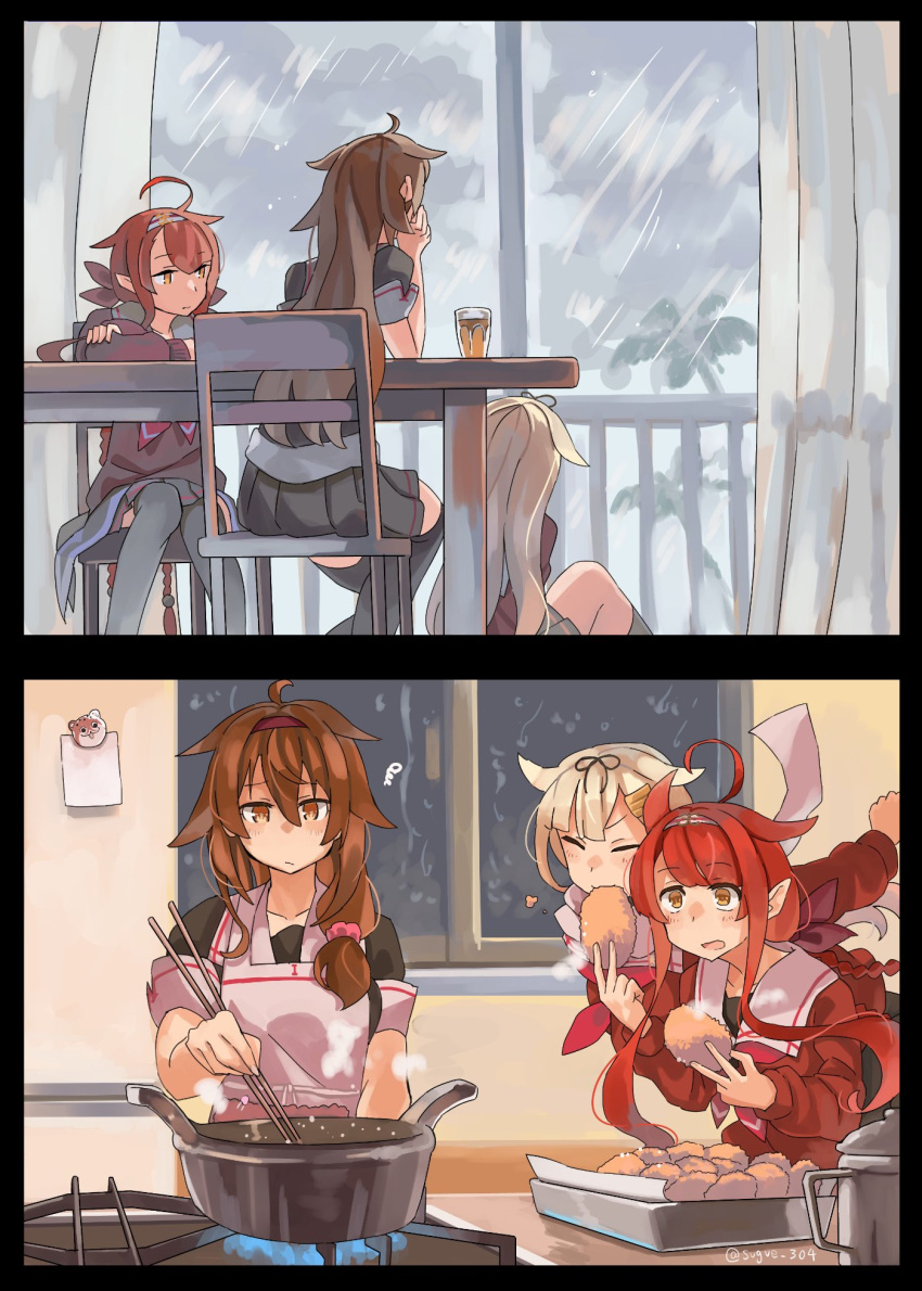 3girls ahoge apron black_ribbon black_serafuku black_skirt black_thighhighs blonde_hair blush brown_eyes brown_hair chair closed_eyes closed_mouth collarbone croquette cup curtains food hair_between_eyes hair_flaps hair_ornament hair_ribbon hairband hairclip highres holding holding_food kantai_collection kawakaze_(kancolle) kawakaze_kai_ni_(kancolle) long_hair long_sleeves multiple_girls open_mouth pleated_skirt pointy_ears rain red_hair red_hairband ribbon school_uniform serafuku shiratsuyu_(kancolle) shiratsuyu_kai_ni_(kancolle) short_sleeves sitting skirt sugue_tettou thighhighs twitter_username white_apron white_hairband window yuudachi_(kancolle) yuudachi_kai_ni_(kancolle)