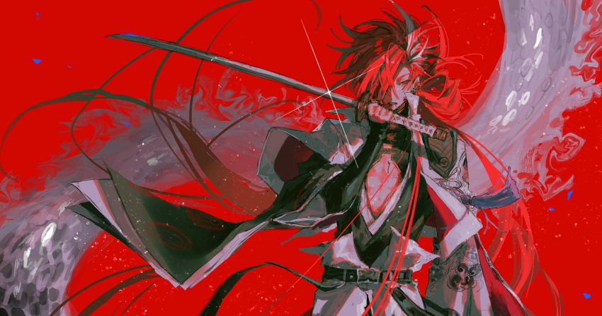 1boy abs belt black_kimono chest_cutout cowboy_shot distortion ear_piercing eyebrow_cut fate/grand_order fate_(series) glint hair_over_one_eye hakama hakama_pants hand_up highres holding holding_sword holding_weapon jacket jacket_on_shoulders jaggy_lines japanese_clothes katana kimono light_frown long_hair looking_at_viewer male_focus multicolored_hair nagatekkou open_clothes open_kimono pants parted_lips piercing red_background red_hair single_hair_ring solo streaked_hair sword takasugi_shinsaku_(fate) tassel uda_(xax_057) weapon white_hair white_jacket wide_sleeves