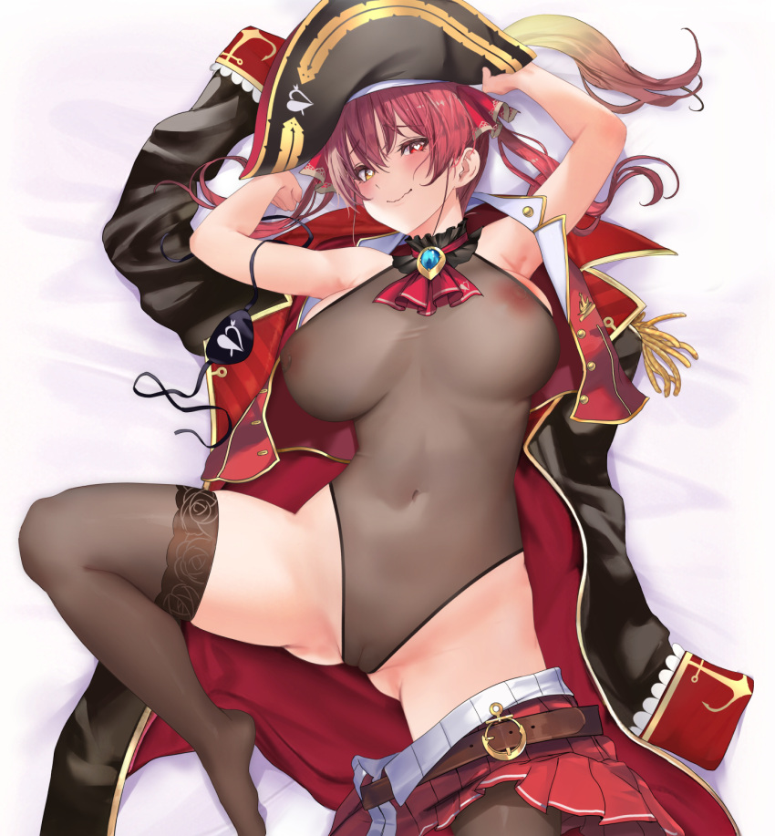 1girl areola_slip armpits arms_up arrow_through_heart ascot bicorne blush breasts covered_navel covered_nipples eyepatch eyepatch_removed from_above hair_ribbon hat heart heart_in_eye heterochromia highres hololive houshou_marine huge_breasts in_heat jacket leotard leotard_under_clothes looking_at_viewer navel niinana_(27code) nipple_piercing nipples on_bed paid_reward_available partially_undressed piercing pirate pirate_hat pleated_skirt red_ascot red_eyes red_hair red_jacket red_skirt ribbon see-through see-through_leotard skindentation skirt skirt_around_one_leg sleeveless sleeveless_jacket smile solo spread_legs symbol_in_eye thighhighs twintails virtual_youtuber wavy_mouth yellow_eyes