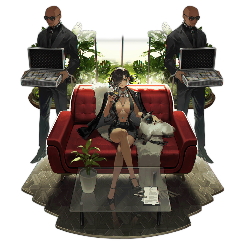 1girl 2boys bahao_diqiu black_hair black_jacket black_skirt breasts briefcase cat clipboard closed_mouth colt_walker_(girls'_frontline) colt_walker_(the_next_seven_days)_(girls'_frontline) couch crossed_legs cup dark-skinned_female dark-skinned_male dark_skin drinking_glass english_commentary english_text game_cg girls'_frontline glass_table green_eyes hair_over_one_eye highres holding holding_briefcase holding_cup jacket jewelry large_breasts looking_at_viewer multiple_boys necklace necklace_between_breasts official_alternate_costume on_couch plant potted_plant short_hair siamese_cat sitting skirt smile star_(symbol) suit table transparent_background wine_glass