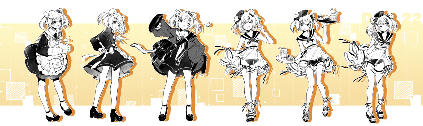 1girl :o ;q absurdres alternate_costume animal_ears apron arknights bag bare_legs bear_ears bear_girl bikini bikini_bottom_only black_bag black_bikini black_coat black_dress black_footwear black_sailor_collar border candy_hair_ornament chinese_commentary closed_eyes coat commentary_request cross-laced_sandals dress drop_shadow enmaided food food-themed_hair_ornament frying_pan fy_fei_xiao_ya glass gummy_(arknights) gummy_(summer_flowers)_(arknights) hair_ornament hand_up happy highres holding holding_cooking_pot holding_frying_pan holding_ice_cream holding_plate holding_tray ice_cream_cone leaning_forward limited_palette looking_at_viewer looking_back looking_to_the_side maid multiple_views neckerchief nervous official_alternate_costume one_eye_closed open_mouth oven_mitts plate sailor_collar sailor_dress sandals see-through see-through_skirt shirt short_hair shoulder_bag simple_background skirt smile surprised swimsuit tongue tongue_out tray tying_apron white_hair white_neckerchief white_sailor_collar white_shirt yellow_background
