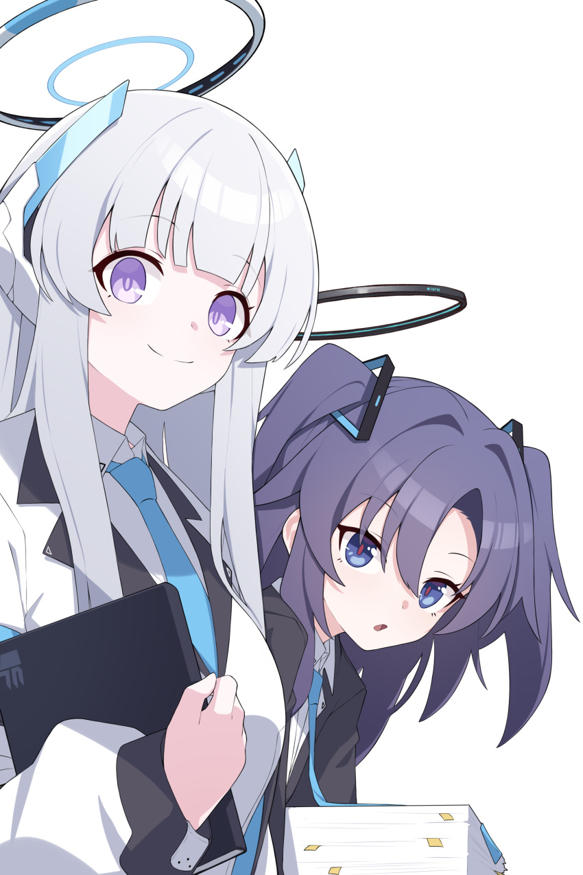 2girls absurdres blue_archive blue_necktie breasts closed_mouth collared_shirt grey_hair hair_between_eyes halo highres large_breasts long_sleeves looking_at_viewer mechanical_halo mmhomm multiple_girls necktie noa_(blue_archive) open_mouth paper purple_eyes purple_hair red_pupils shirt simple_background smile suit two_side_up upper_body white_background white_shirt yuuka_(blue_archive)