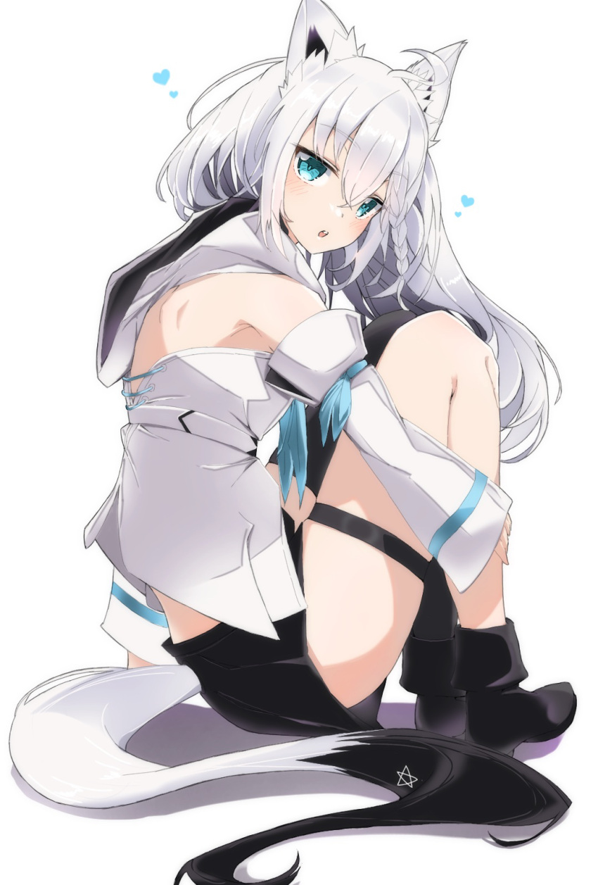 1girl ahoge animal_ears black_shorts braid fox_ears fox_girl fox_tail highres hololive hood hoodie keppii long_hair looking_at_viewer on_floor open_mouth pentagram shirakami_fubuki shirakami_fubuki_(1st_costume) shorts single_braid tail thigh_strap thighs virtual_youtuber white_hair white_hoodie