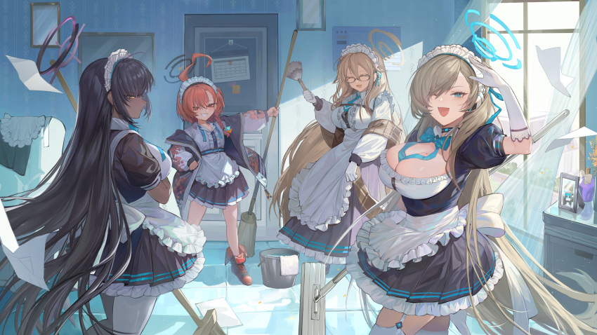 4girls absurdres ahoge akane_(blue_archive) apron arms_up asuna_(blue_archive) bingansuan_jiamouren black_hair blue_archive blue_eyes breasts brown_eyes brown_hair cameo cleaning_&amp;_clearing_(blue_archive) closed_eyes closed_mouth dark-skinned_female dark_skin expressionless garter_straps glasses gloves hair_ornament halo highres holding holding_mop indoors karin_(blue_archive) large_breasts light_brown_hair long_hair looking_at_viewer maid maid_apron maid_headdress mop multiple_girls neru_(blue_archive) one_eye_closed open_mouth orange_eyes orange_hair pantyhose picture_(object) short_hair smile standing sunlight thighhighs toki_(blue_archive) very_long_hair white_apron white_garter_straps white_gloves white_pantyhose white_thighhighs wind window yellow_eyes