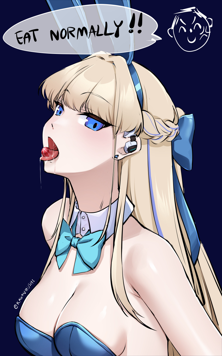 1girl absurdres anger_vein animal_ears arona's_sensei_doodle_(blue_archive) bare_shoulders blonde_hair blue_archive blue_background blue_bow blue_bowtie blue_eyes blue_hairband blue_leotard bow bowtie breasts candy cleavage detached_collar earpiece earrings fake_animal_ears food food_in_mouth hairband highres jewelry kawanmushi leotard long_hair looking_at_viewer medium_breasts multicolored_hair open_mouth playboy_bunny rabbit_ears saliva sensei_(blue_archive) sexually_suggestive solo speech_bubble streaked_hair stud_earrings toki_(blue_archive) toki_(bunny)_(blue_archive) tongue tongue_out very_long_hair