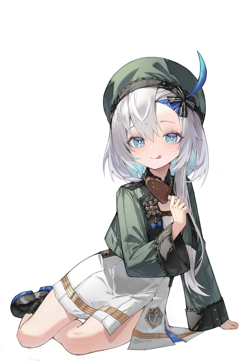 1girl absurdres ahoge arm_rest azur_lane black_footwear black_ribbon blue_eyes blue_hair colored_inner_hair cropped_jacket dress food full_body green_headwear green_jacket hair_between_eyes hair_ribbon highres holding holding_food holding_ice_cream ice_cream jacket libeccio_(azur_lane) licking_lips long_hair long_sleeves looking_at_viewer medal multicolored_hair ribbon simple_background solo sunlinli2001 tongue tongue_out white_background white_dress white_hair