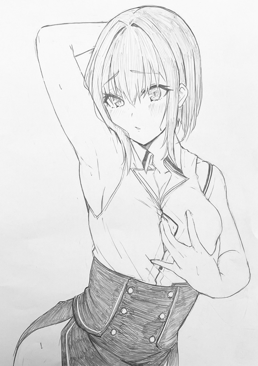 1girl arm_up armpits blush breasts collarbone collared_shirt cowboy_shot eyelashes grabbing_own_breast greyscale hair_between_eyes high-waist_skirt highres hololive houshou_marine looking_at_viewer medium_breasts medium_hair monochrome official_alternate_costume ooike_teru presenting_armpit shirt sidelocks simple_background skirt sleeveless sleeveless_shirt solo sweatdrop traditional_media virtual_youtuber