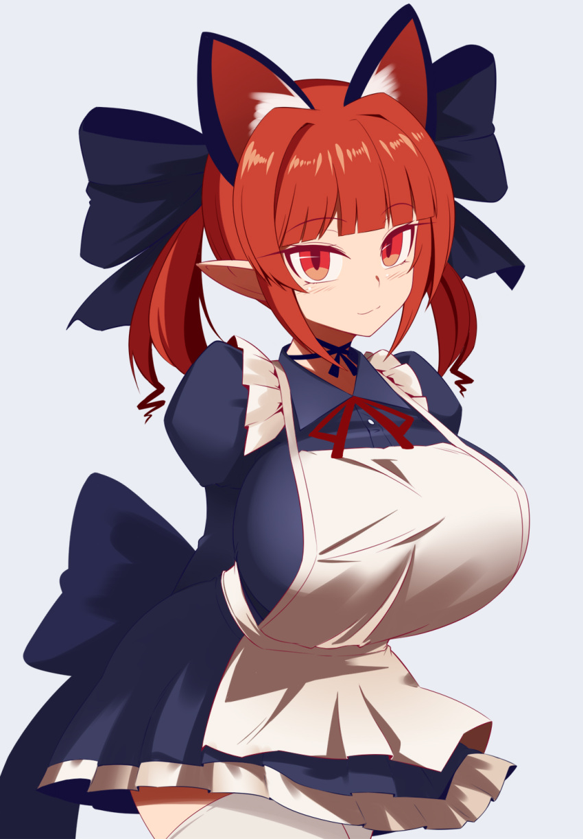 1girl animal_ears apron black_dress blush breasts buttons cat_ears closed_mouth collar cowboy_shot dress extra_ears frilled_collar frills gero_zoukin grey_background highres huge_breasts juliet_sleeves kaenbyou_rin long_sleeves looking_at_viewer nekomata puffy_sleeves red_eyes red_hair red_ribbon ribbon simple_background smile solo thighhighs touhou white_apron white_thighhighs