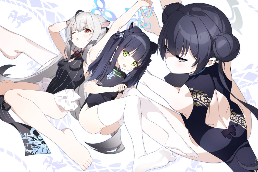 3girls absurdres animal_ear_fluff animal_ears back_cutout black_dress black_hair blue_archive blue_halo blush braid braided_bun breasts china_dress chinese_clothes clothing_cutout crossed_bangs diamond_cutout double_bun dragon_print dress extra_ears flat_chest frilled_skirt frills gogoco green_eyes grey_eyes grey_hair grey_halo hair_bun hair_ornament halo highres kisaki_(blue_archive) kokona_(blue_archive) long_hair looking_at_viewer multicolored_hair multiple_girls open_mouth orange_eyes print_dress short_dress short_sleeves shun_(blue_archive) shun_(small)_(blue_archive) side_slit sidelocks skirt sleeveless small_breasts streaked_hair striped striped_dress thighhighs thighs tiger_ears tiger_girl twintails very_long_hair white_thighhighs