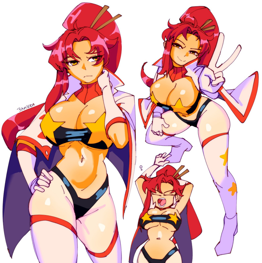 1girl 3amsoda arms_up bandeau boots breasts cape cleavage closed_eyes gloves hair_ornament hand_on_own_hip highleg highleg_panties highres large_breasts long_hair midriff navel panties peace_symbol ponytail red_hair smile star_(symbol) tengen_toppa_gurren_lagann thighhighs underboob underwear white_gloves white_thighhighs yellow_eyes yoko_littner