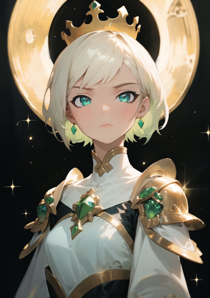 1girl armor asymmetrical_hair brooch cropped_arms cropped_torso crown earrings green_eyes halo highres jewelry looking_at_viewer original pauldrons personal160400 robe short_hair shoulder_armor simple_background star_(sky) swept_bangs white_hair white_robe