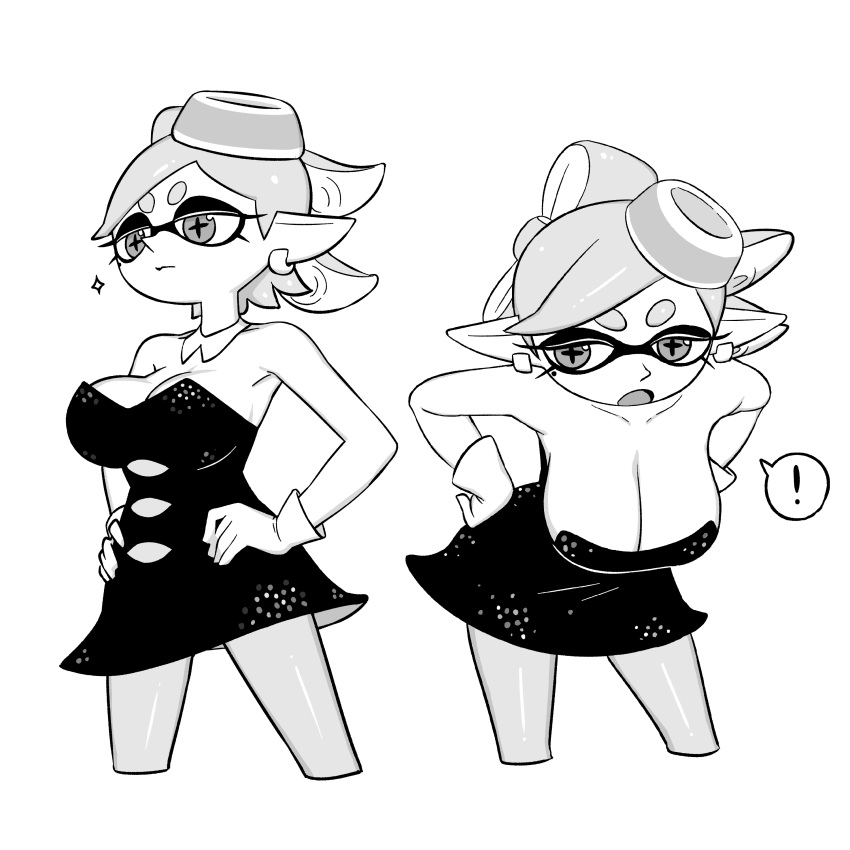 ! 1girl absurdres alternate_breast_size bent_over breasts cleavage cross-shaped_pupils detached_collar dress earrings gloves greyscale hands_on_own_hips highres jewelry large_breasts marie_(splatoon) monochrome o_den open_mouth pantyhose pointy_ears sparkle splatoon_(series) splatoon_1 spoken_exclamation_mark strapless strapless_dress symbol-shaped_pupils tentacle_hair tube_dress