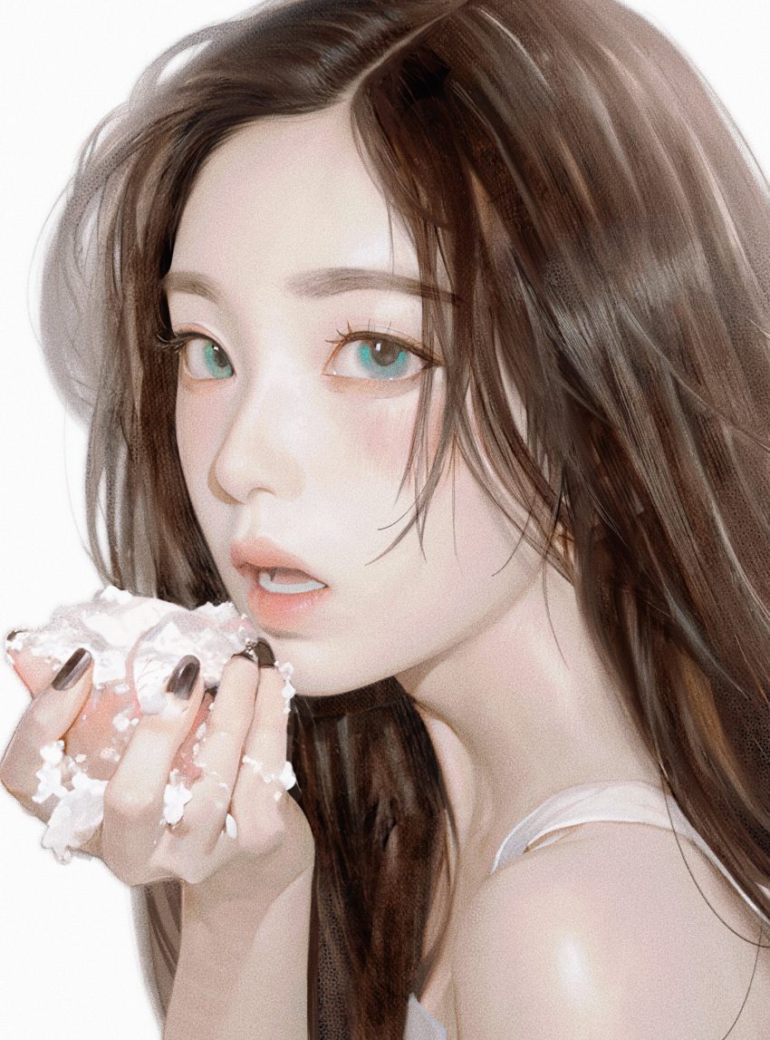 1girl absurdres black_nails blue_eyes blush brown_hair cake camisole cream food highres holding holding_cake holding_food irene_(red_velvet) k-pop long_hair looking_at_viewer nagamerin nail_polish open_mouth real_life realistic red_velvet_(group) solo white_background white_camisole