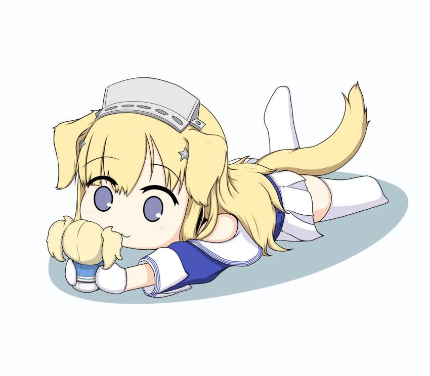 :3 animal_ears blonde_hair blue_eyes blue_shirt character_doll commentary_request dog_ears dog_tail fletcher_(kancolle) gambier_bay_(kancolle) hair_ornament headgear highres kantai_collection kemonomimi_mode long_hair pleated_skirt sailor_collar school_uniform serafuku shirt simple_background skirt smile star_(symbol) star_hair_ornament tail thighhighs white_background white_sailor_collar white_skirt white_thighhighs yakuto007