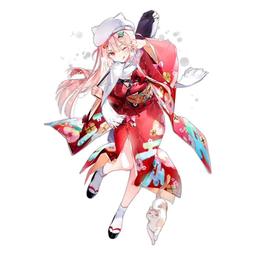 1girl :q animal animal_ear_headwear black_footwear breasts cat dsmile full_body girls'_frontline hair_ornament hairclip heavy_breathing highres japanese_clothes kimono large_breasts long_hair long_sleeves looking_at_viewer obi official_alternate_costume official_art one_eye_closed pink_hair red_eyes red_kimono sash scarf simple_background socks solo standing standing_on_one_leg tongue tongue_out transparent_background ukm-2000_(girls'_frontline) ukm-2000_(snowfield_delivery_service)_(girls'_frontline) v very_long_hair weapon_case white_cat white_headwear white_scarf white_socks zouri