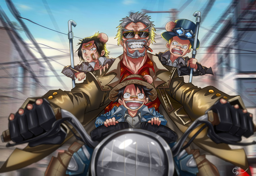 4boys absurdres beard black_gloves black_hair blonde_hair cigar facial_hair gloves goggles goggles_on_headwear grey_hair hat highres monkey_d._garp monkey_d._luffy motor_vehicle motorcycle multiple_boys one_piece open_mouth portgas_d._ace sabo_(one_piece) sajol_hasan short_hair smile straw_hat sunglasses top_hat