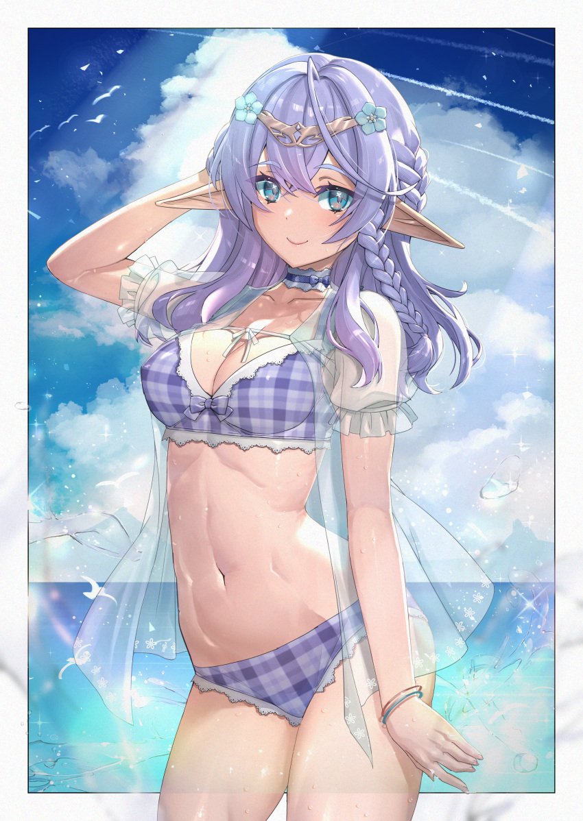 1girl absurdres arm_at_side bikini blue_eyes blue_sky border bracelet braid braided_sidelock breasts cleavage cloud cloudy_sky collarbone commission cowboy_shot cowlick day diadem elf groin hair_between_eyes hand_in_own_hair highres horizon ichihachiyon jewelry large_breasts legs_apart long_hair mountainous_horizon open_clothes open_shirt original outdoors outside_border pixiv_commission plaid plaid_bikini pointy_ears purple_bikini purple_hair see-through see-through_shirt sidelocks silhouette sky solo stomach straight_hair swimsuit thick_thighs thighs virtual_youtuber white_border