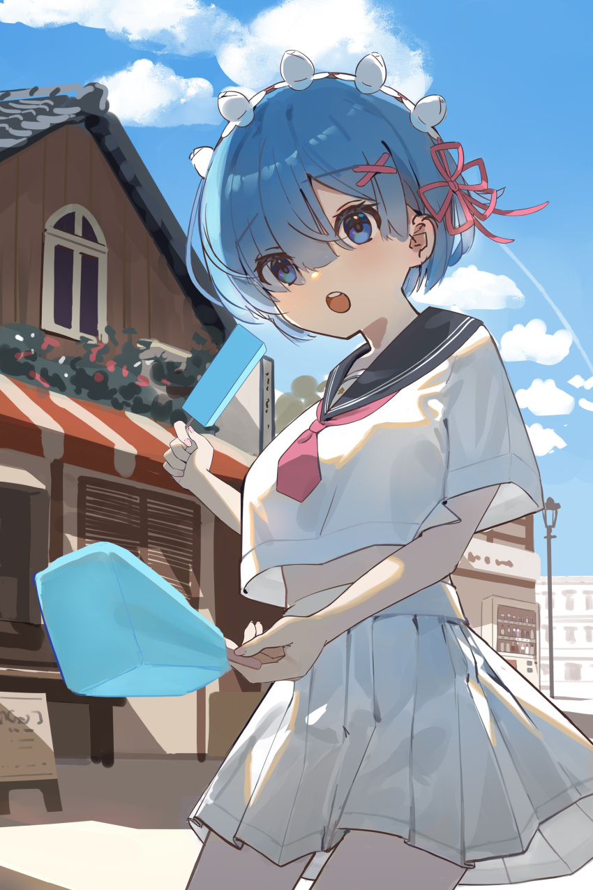 1girl :o absurdres akatsuki_(m12778387) alternate_costume black_sailor_collar blue_eyes blue_hair breasts building cowboy_shot crop_top day food hair_ornament hair_ribbon highres holding holding_food holding_ice_cream house ice_cream lamppost large_breasts miniskirt outdoors pleated_skirt re:zero_kara_hajimeru_isekai_seikatsu red_ribbon rem_(re:zero) ribbon sailor_collar school_uniform shirt short_hair short_sleeves skirt solo teeth upper_teeth_only white_shirt white_skirt x_hair_ornament