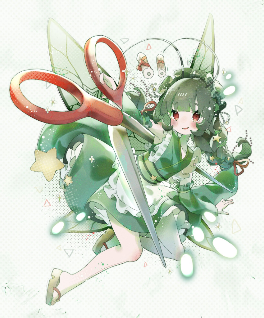 1girl antennae apron armpits bare_legs blunt_bangs breasts chain chikuwa detached_sleeves dotted_background food frills geta green_hair green_theme hair_ornament hair_ribbon highres insect_wings japanese_clothes kimono looking_at_viewer maid_apron maid_headdress miniko_0325 obi original oversized_object petticoat red_eyes red_ribbon ribbon sash scissors small_breasts smile sparkle star_(symbol) star_hair_ornament twintails wings