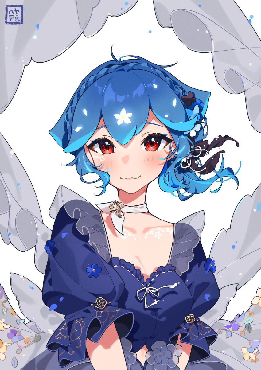 1girl absurdres bao_(vtuber) bao_(vtuber)_(6th_costume) blue_dress blue_hair braid breasts cleavage closed_mouth crown_braid dress hair_between_eyes hayate_fish highres indie_virtual_youtuber looking_at_viewer puffy_short_sleeves puffy_sleeves red_eyes see-through short_sleeves simple_background small_breasts smile solo upper_body virtual_youtuber white_background