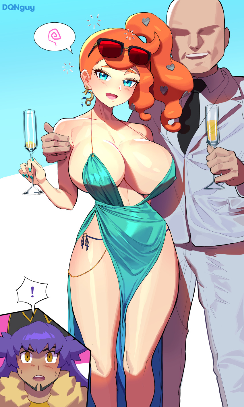 1girl 2boys :d absurdres aqua_nails bare_shoulders breasts brown_eyes cup dqnguy dragonair dress drinking_glass drunk earrings evening_gown eyewear_on_head green_dress green_eyes hair_ornament heart heart_hair_ornament highres holding holding_cup huge_breasts jewelry large_breasts leon_(pokemon) multiple_boys netorare open_mouth orange_hair pelvic_curtain plunging_neckline pokemon pokemon_(game) pokemon_swsh purple_hair revealing_clothes revision side_ponytail side_slit single_earring smile sonia_(pokemon) spoken_squiggle squiggle sunglasses thighs