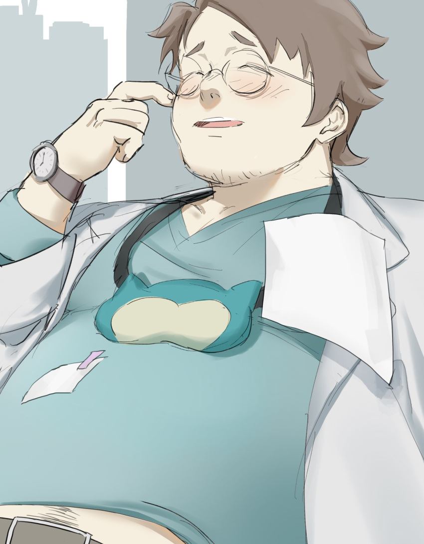 1boy bara belly belt blue_shirt blush finger_to_cheek glasses goatee_stubble heraku_(haga1212) highres lab_coat male_focus merchandise midriff_peek neroli_(pokemon) paper plump pokemon pokemon_(game) pokemon_sleep round_eyewear shirt short_hair shy sketch sleep_mask smile snorlax solo thick_eyebrows upper_body