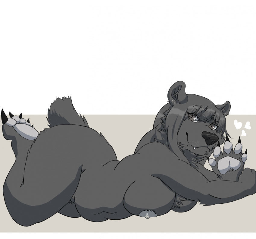 anthro bear big_breasts big_butt black_bear blue_dingolf breasts butt cel_shading chubby_female claws digital_media_(artwork) ear_piercing eyebrows eyelashes fat_belly female fluffy_chest fur galette(galette) gesture grey_body grey_eyes grey_fur grey_pawpads hair handpaw hi_res hindpaw long_hair looking_at_viewer lying mammal moon_bear navel neck_tuft nipples nude on_front pawpads paws piercing plantigrade shaded short_tail simple_background slightly_chubby smile solo tail tasteful_nudity thick_eyebrows tuft ursine waving waving_at_viewer