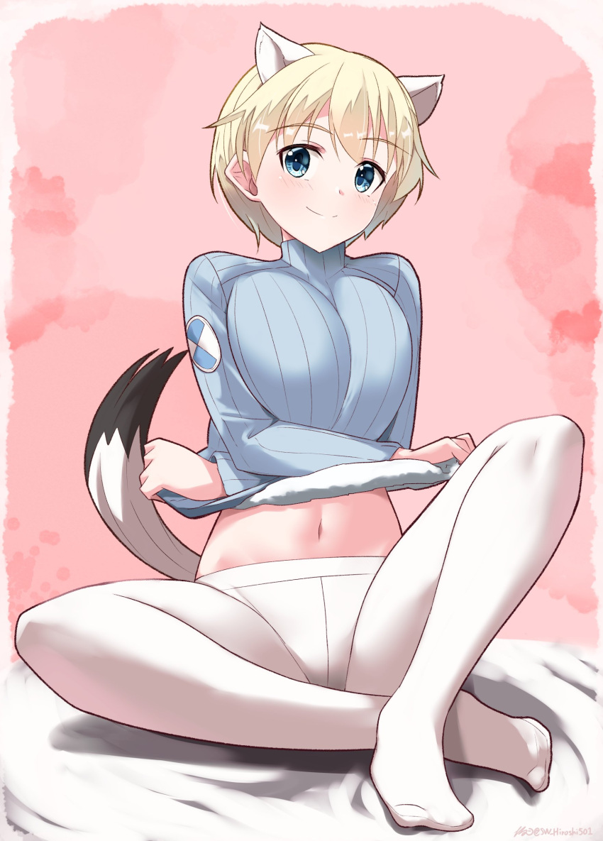 1girl absurdres animal_ears blonde_hair blue_eyes blue_sweater blush brave_witches breasts closed_mouth highres hiroshi_(hunter-of-kct) large_breasts looking_at_viewer navel nikka_edvardine_katajainen pantyhose pink_background short_hair simple_background smile solo sweater tail weasel_ears weasel_tail white_pantyhose world_witches_series