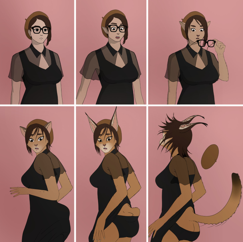 anthro beret big_breasts big_ears black_clothing black_dress breasts butt caracal caracal_(genus) claw_growth claws clothed clothing clothing_lift dress drijuce eyewear felid feline female fur fur_growth glasses growth hat headgear headwear hi_res human mammal markings pale_skin panties pink_nose raised_tail sequence solo tail tail_burst tail_growth tail_motion tan_body tan_fur transformation underwear whisker_markings whiskers
