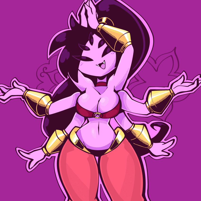 2023 animal_humanoid arachnid arachnid_humanoid arthropod arthropod_humanoid black_hair breasts cleavage clothed clothing cosplay crossover crossover_cosplay female hair hi_res humanoid jek_korpen muffet multi_arm multi_eye multi_limb not_furry open_mouth open_smile purple_body purple_skin shantae shantae_(series) smile solo spider_humanoid undertale undertale_(series) wayforward