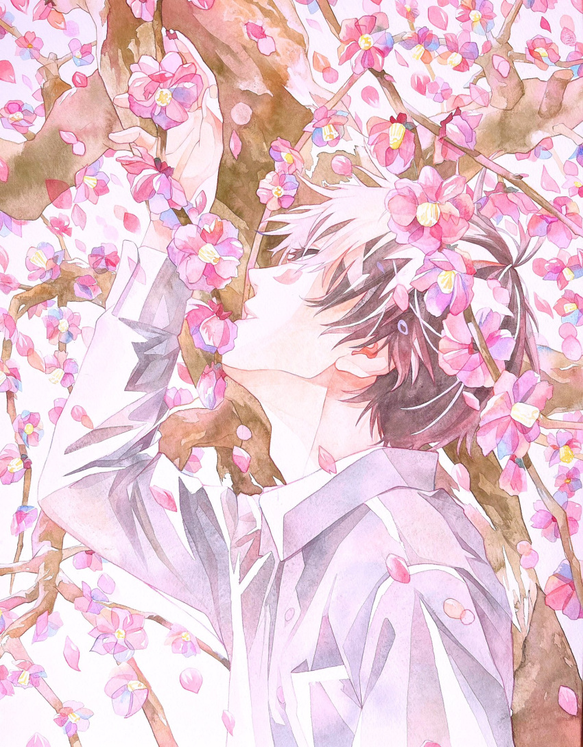 1boy acf_creator arm_up brown_hair closed_eyes collared_shirt day falling_petals flower from_side highres long_sleeves male_focus original outdoors painting_(medium) parted_lips petals pink_flower plum_blossoms shirt short_hair solo spring_(season) standing traditional_media tree upper_body watercolor_(medium) white_shirt